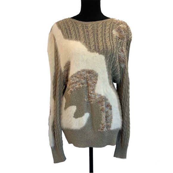 Lara Ferrante Sweaters - LARA Ferrante Vintage rabbit fur taupe cream multi textured long sleeve sweater